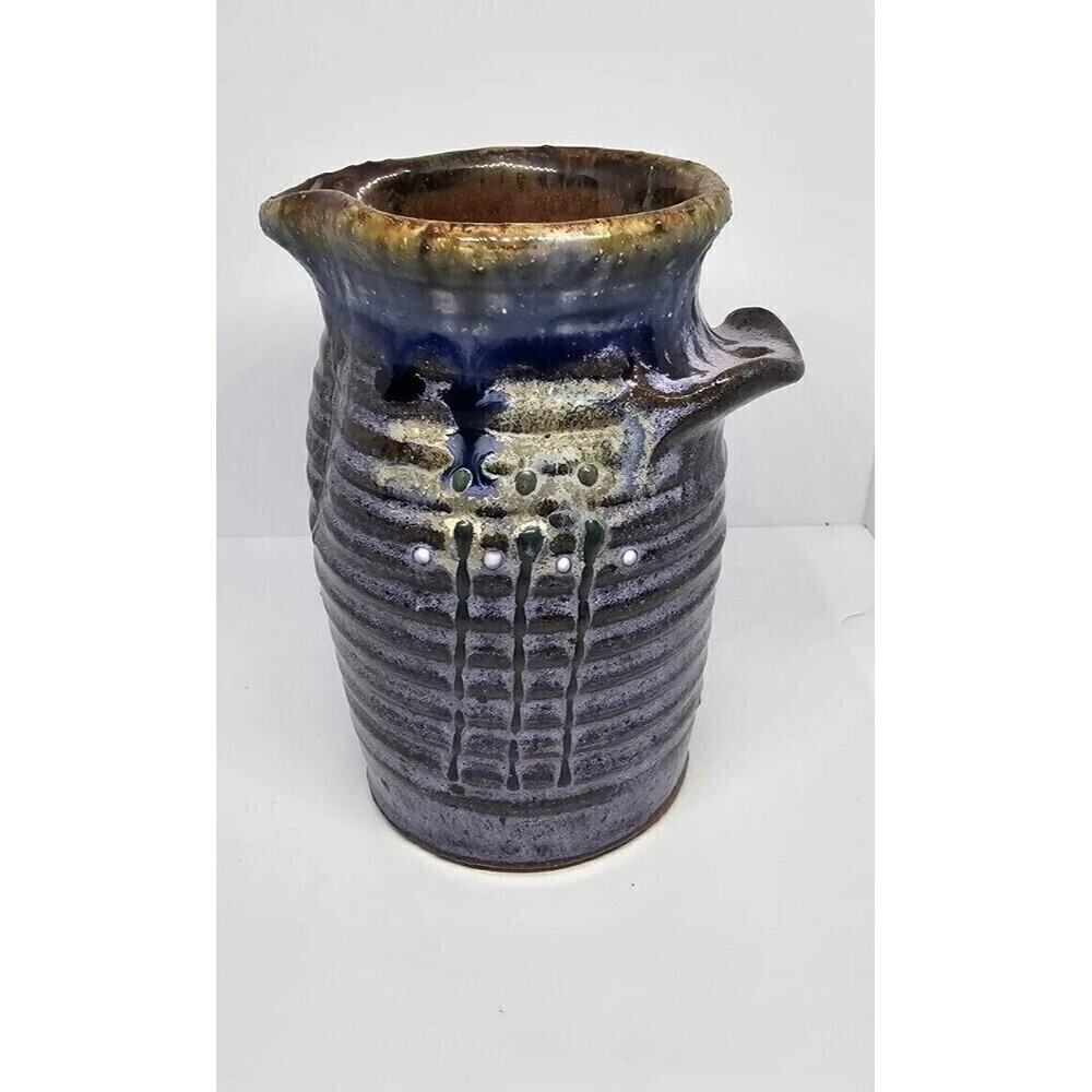Vintage Hand Made Signed Blue Brown  Creamer Hand Glazed Pottery